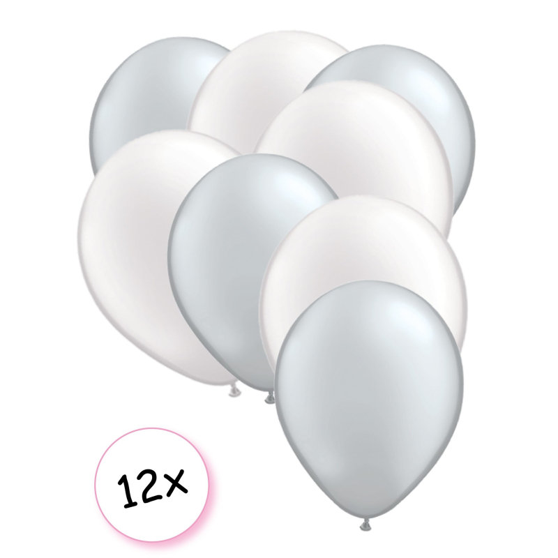 Premium Quality Ballonnen Zilver & Wit 12 stuks 30 cm